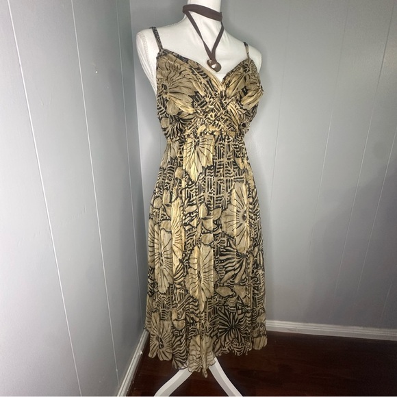 Y2K Silk Boho Midi Dress Brown Leaf Print Robbie Bee Size 6 Vacation Style - Picture 2 of 8